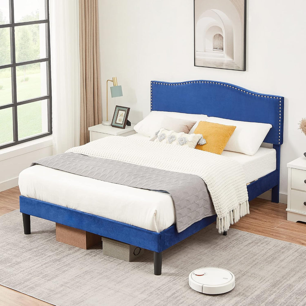 VECELO Queen Bed Frame, Platform Bed Frame with Adjustable Height Upholstered Headboard, Heavy-Duty Frames and Strong Wooden Slats Support, Non-Slip and Noise-Free, Easy Assembly, Dark Blue