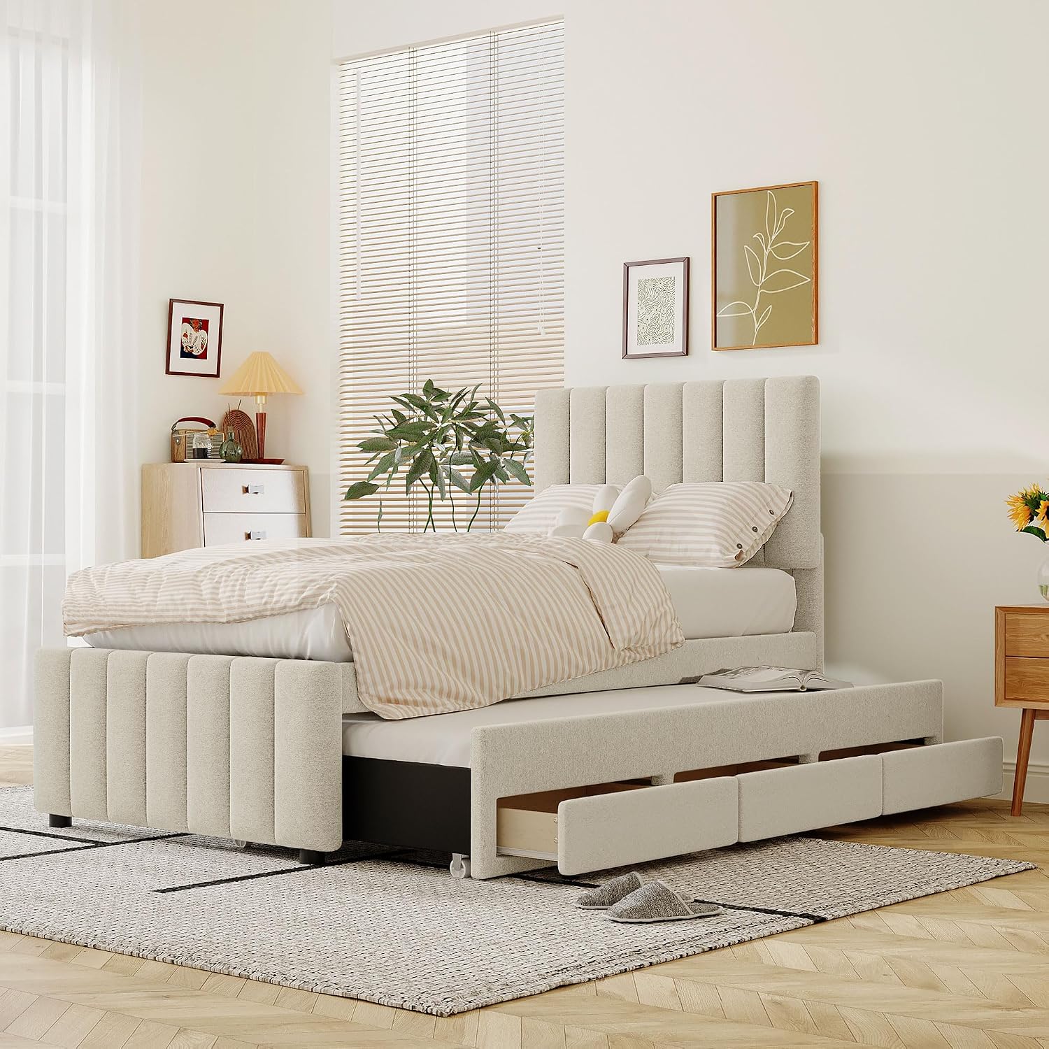 Merax Twin Size Upholstered Platform Bed with Trundle and 3 Storage Drawers, Twin Bed Frame & Tall Stripe Headboard for Bedroom, Solid Wood Slats Support, No Box Spring Needed, Easy Assembly, Beige