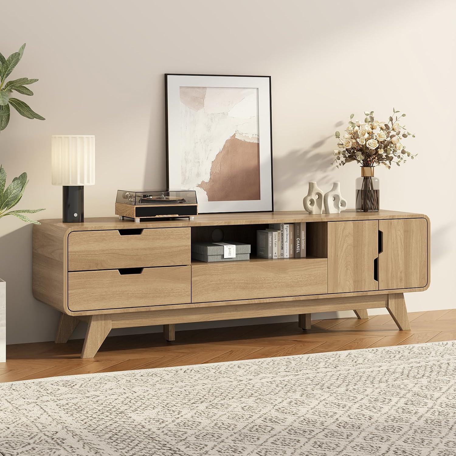 EAG Mid Century Modern TV Stand for 65 Inch TV, Entertainment Center with with Storage Cabinet & 3 Drawers, TV and Media Console for Living Room, Bedroom, Natural