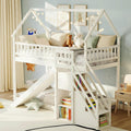 KOMFOTT Wood Twin Over Twin Bunk Bed with Slide & Staircase, Twin House Bunk Bed with Safety Guardrails & Storage, Floor House Bed with Wooden Slat Support for Boys Girls, No Box Spring Needed (White)