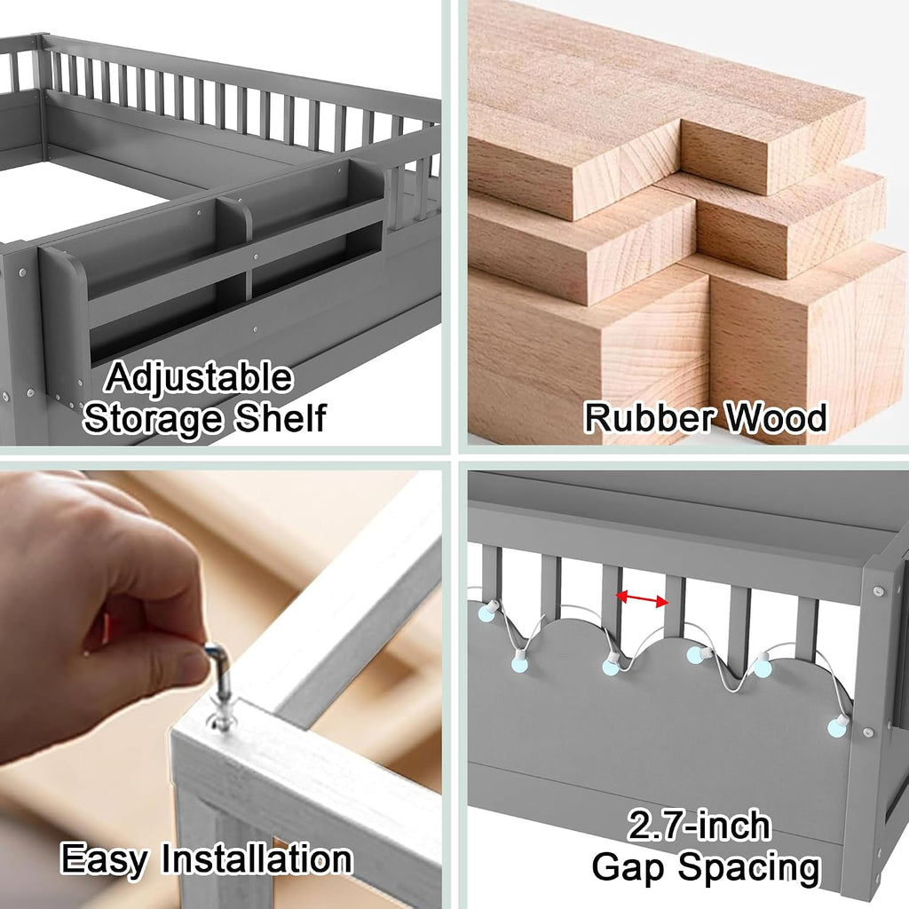 Montessori Floor Bed with High Rails,Full Size Floor Bed Frame for Kids, LED Lights & Storage Shelf, Safe & Wider Opening Gate Design, Playground & Sleep Space for Girls Boys,Grey