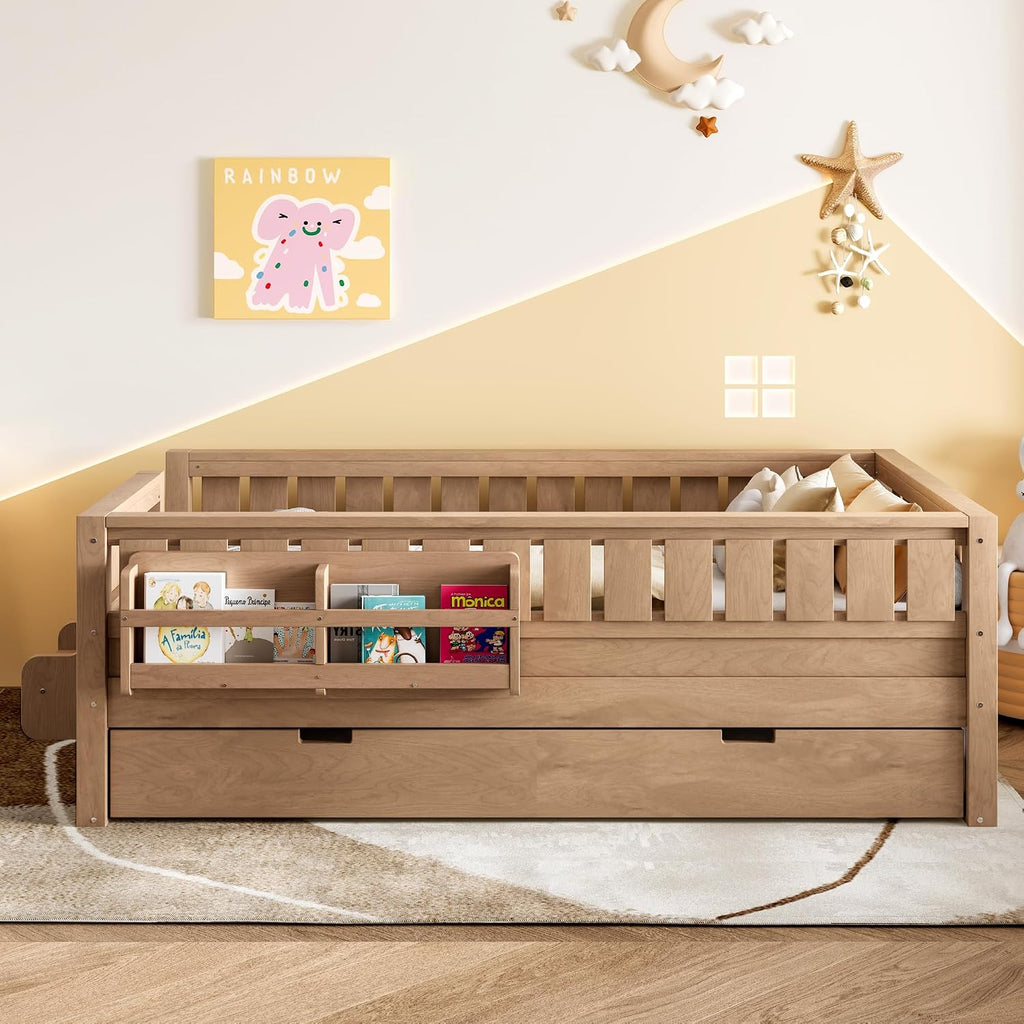 Bellemave Twin Bed with Trundle Twin and Stairs, Twin Size Platform Bed Frame with Fence and Bookshelf, Easy Assemble Beds for Kids, Girls, Boys, Natural