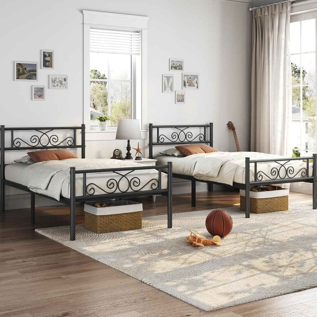 Yaheetech 2 Pcs Classic Metal Platform Bed Frame with Headboard and Footboard Flower Design Mattress Foundation Easy Set Up Structure Twin XL Size Black