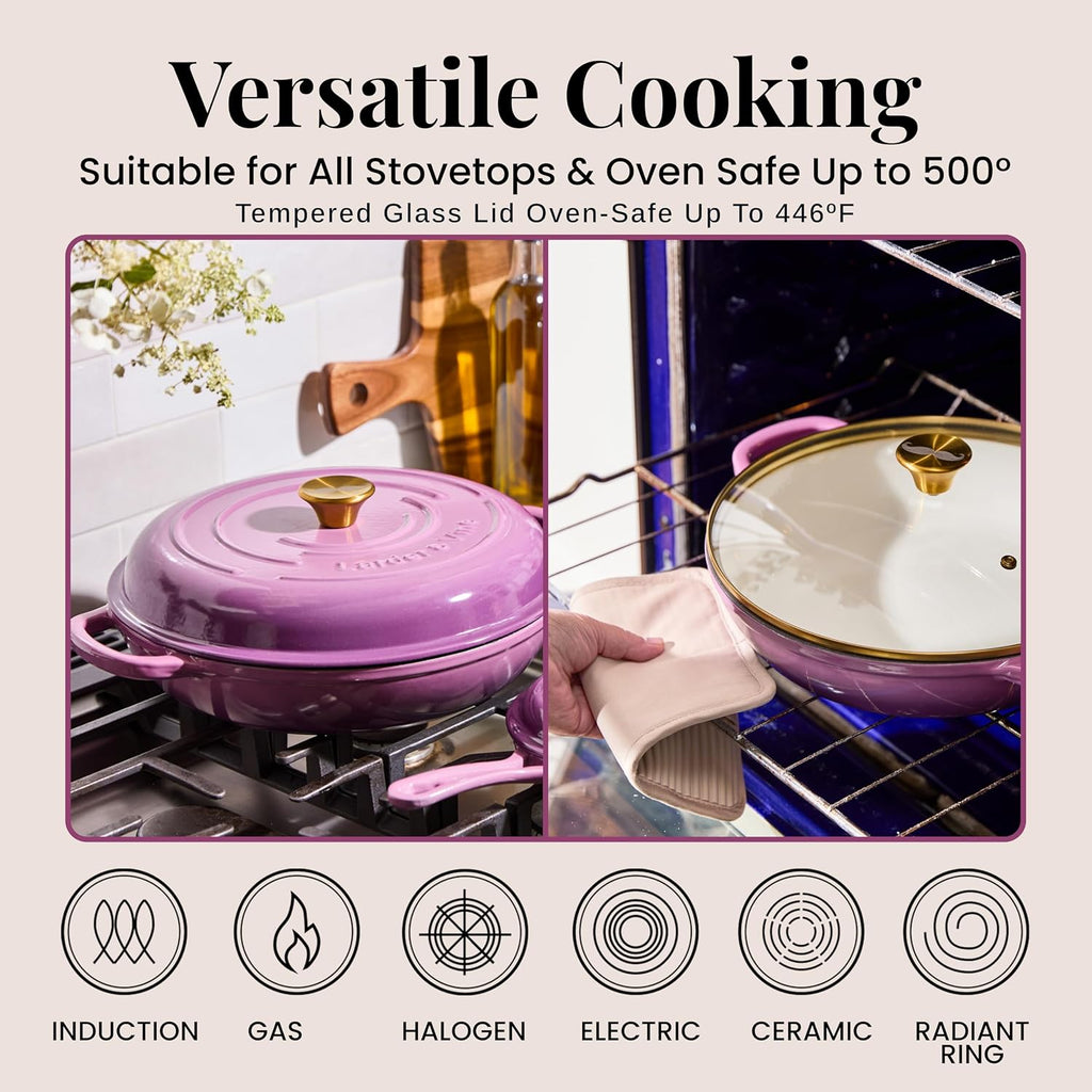 Chef Joe Sasto Enameled Cast Iron Braiser with Lid, for Slow Cooking, Roasting & Searing, Oven Safe, Induction Compatible, Easy-Clean Finish
