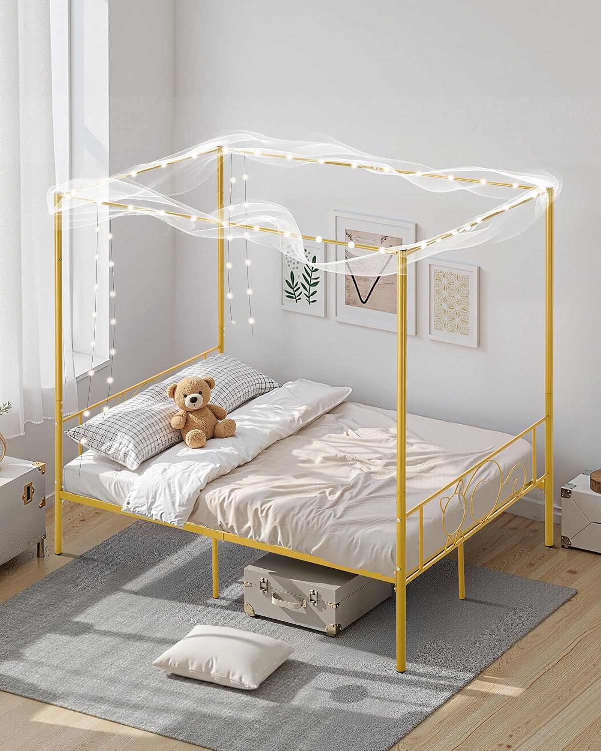 VEVOR Canopy Bed Frame Full Size, Metal Canopy Bed with Minimalist Headboard & Four Posters Design, Heavy Duty Steel Slats Support, Underbed Storage Space, No Box Spring Needed, Easy Assembly, Gold