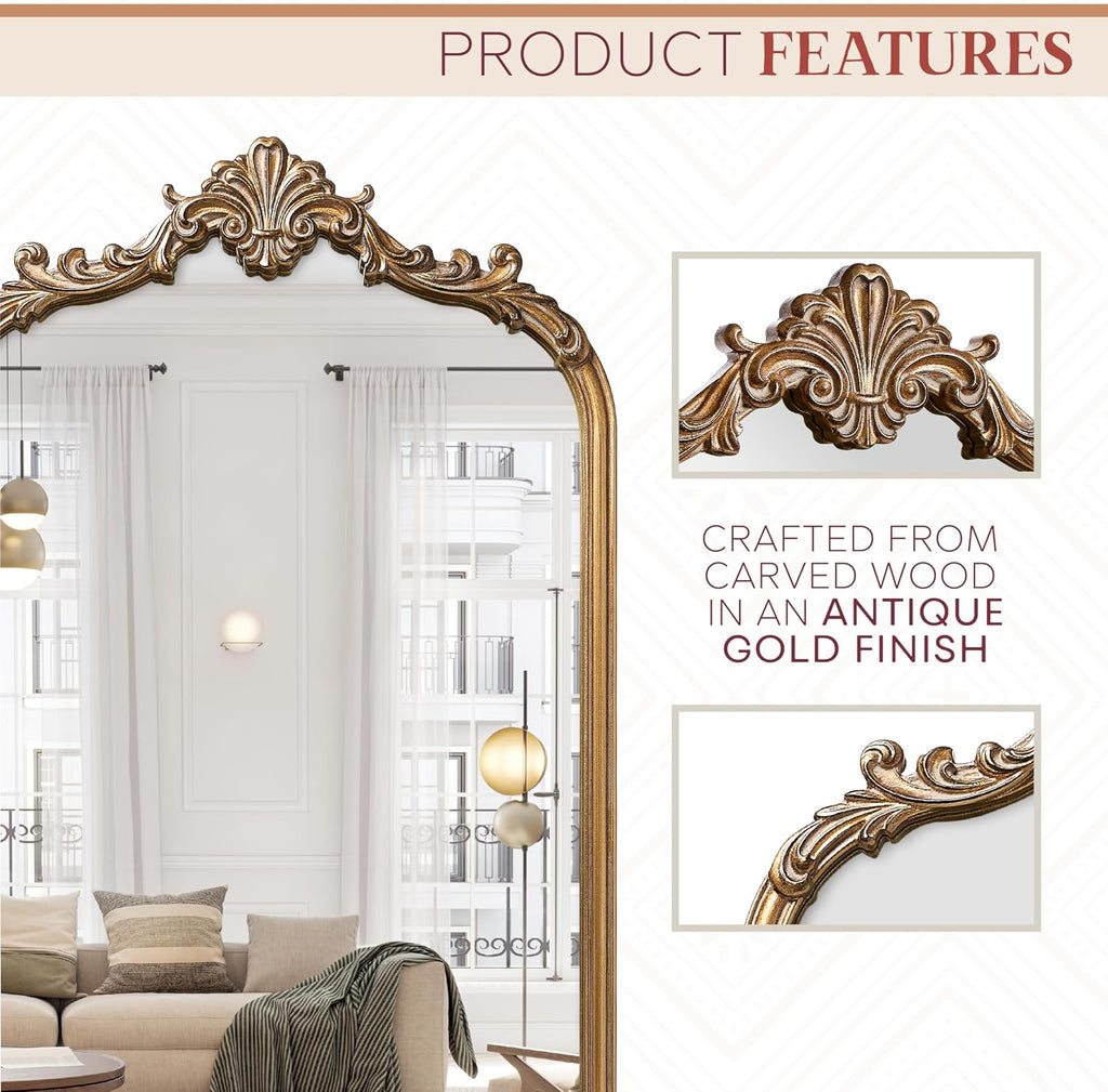 Wylde Iris English Estate Carved Arch Wood Wall Mirror, Mirror for Entryway, Living Room, Bathroom, Antique Gold, 20.4x33