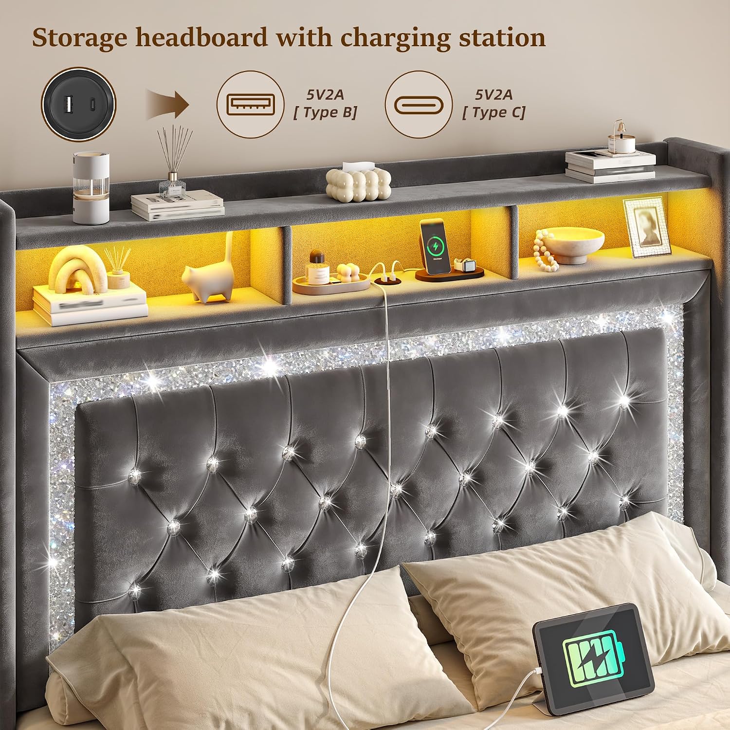 Homkdom Floating Bed Frame Queen with LED Lights & Charging Station, Upholstered Platform Bed with Velvet Storage Headboard, Heavy Duty Metal Slats,No Box Spring Needed,Noise Free,Easy Assembly, Grey