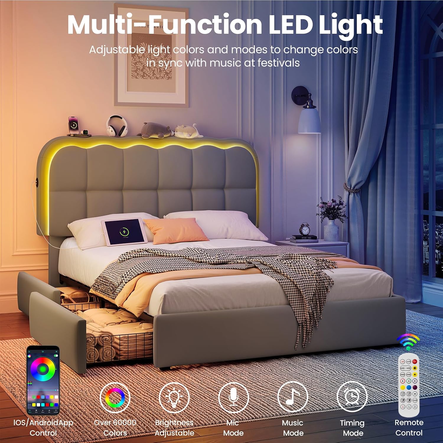 CypBed Full Size Bed Frame with 4 Storage Drawers & LED Lights, Velvet Upholstered Platform Bed Frame with Charing Station and Adjustable Headboard, Wood Slats Support, No Box Spring Needed, Grey