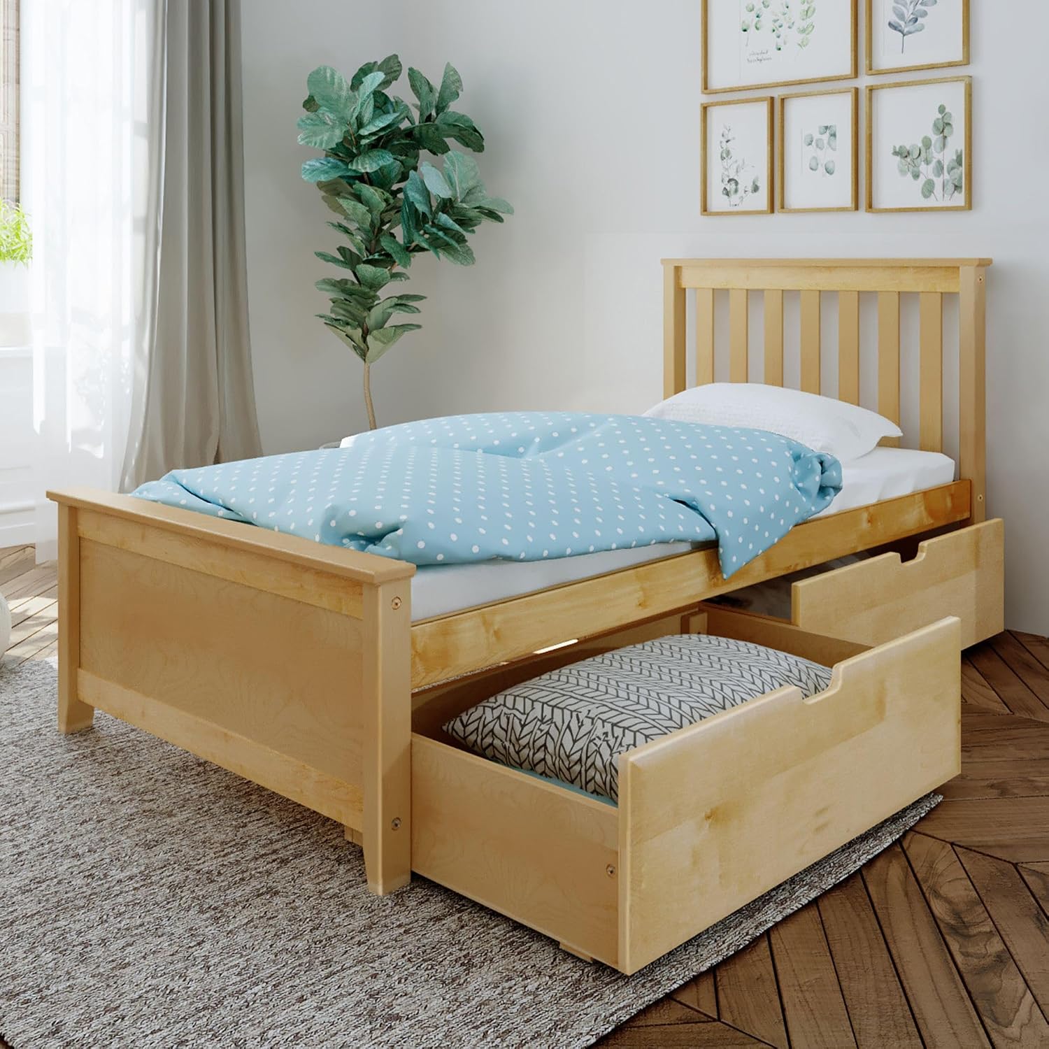 Max & Lily Classic Twin Bed, Slatted Headboard, with Storage Drawers, Natural