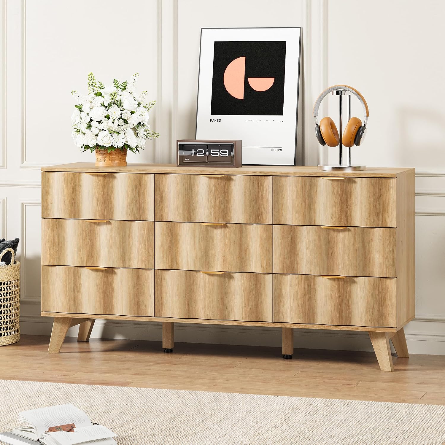 9 Drawer Dresser, Modern Fluted Storage Dresser with Deep Drawers and Metal Handles, Wood Chest of Drawers Storage Organizer for Bedroom, Living Room, Hallway (Natural)