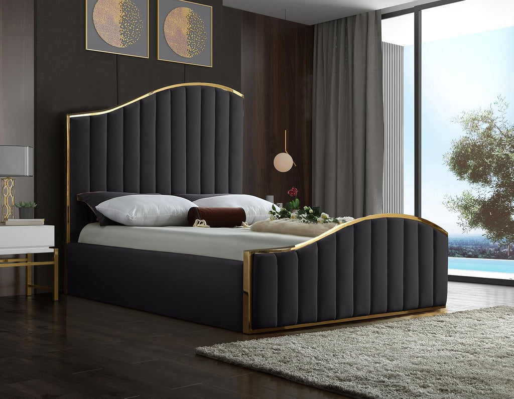 Meridian Furniture Jolie Collection Modern | Contemporary Velvet Upholstered Bed With Channel Tufting, And Polished Gold Metal Frame, Grey, Queen