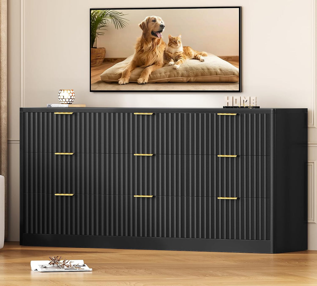 TEENFON Fluted Dresser for Bedroom with 9 Drawers, 63' Wide Modern Chest of Drawers with Metal Handle & Curved Profile Design, Wood Closet Clothes Storage Organizer for Living Room, Hallway, Black