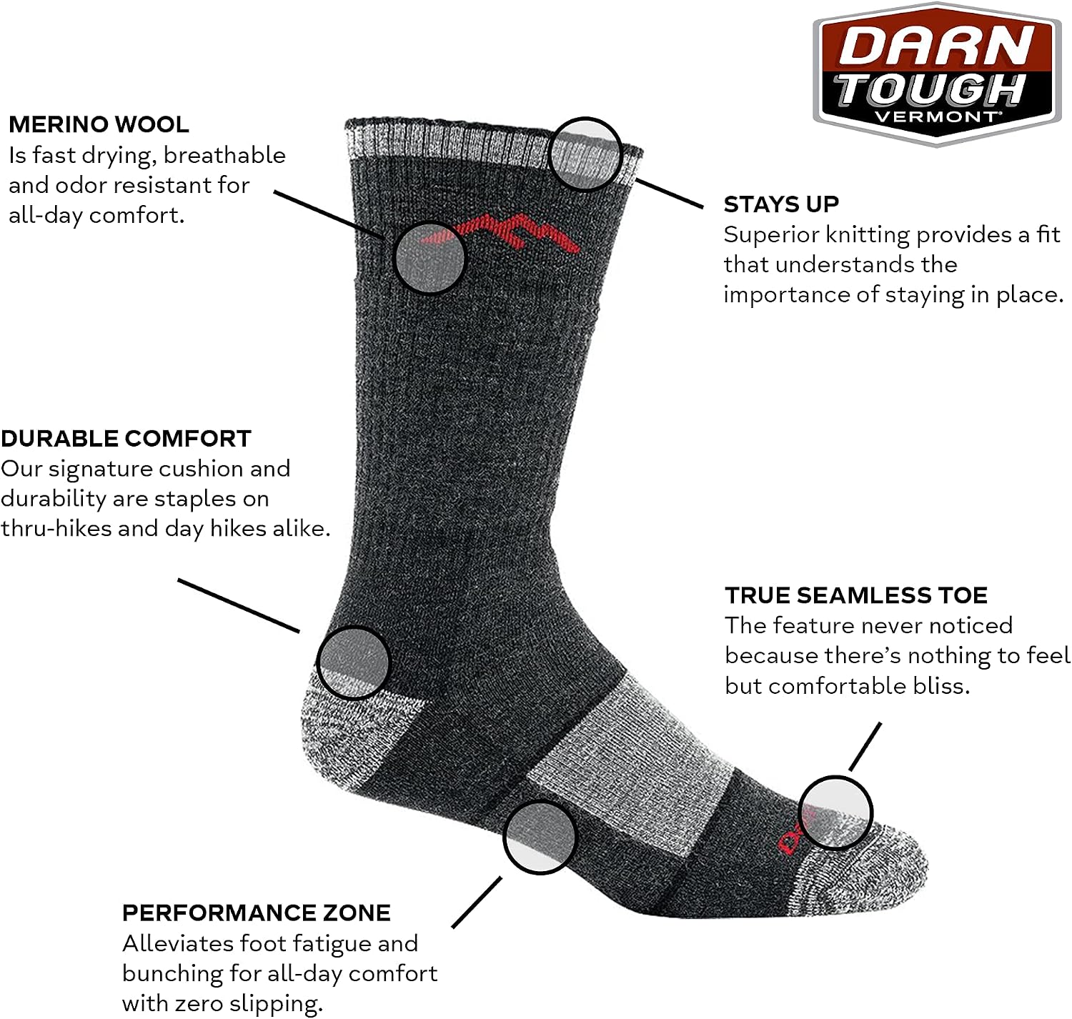 Darn Tough Men's Hiker Book Sock Full Cushion (Style 1405) Merino Wool - 6 Pack Special