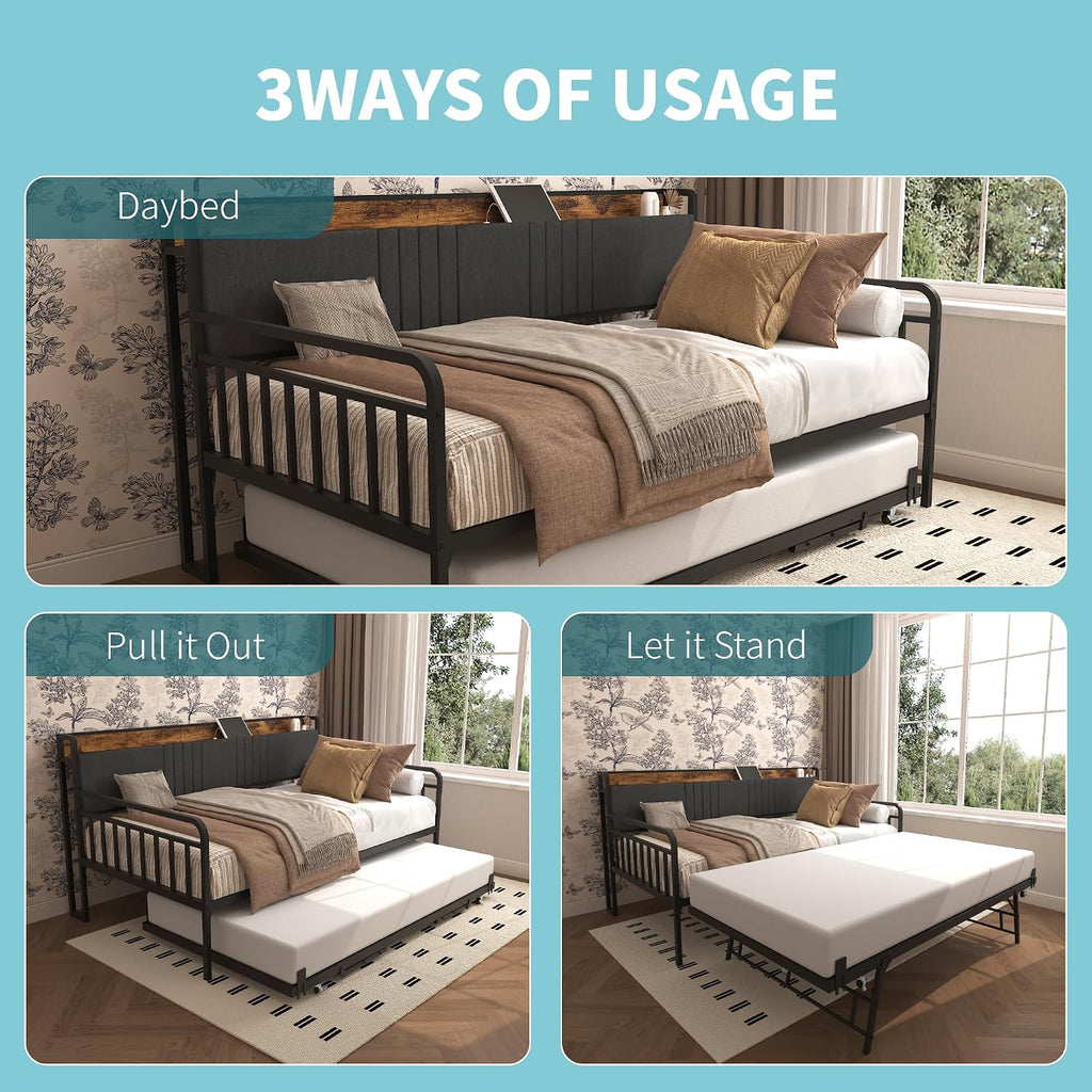 Daybed with Trundle, Sturdy Metal Twin Size Bed Frame with Upholstered Headboard & Charging Station and LED Light for Living Room, Bedroom and Guest Room (Black Brown, Twin)