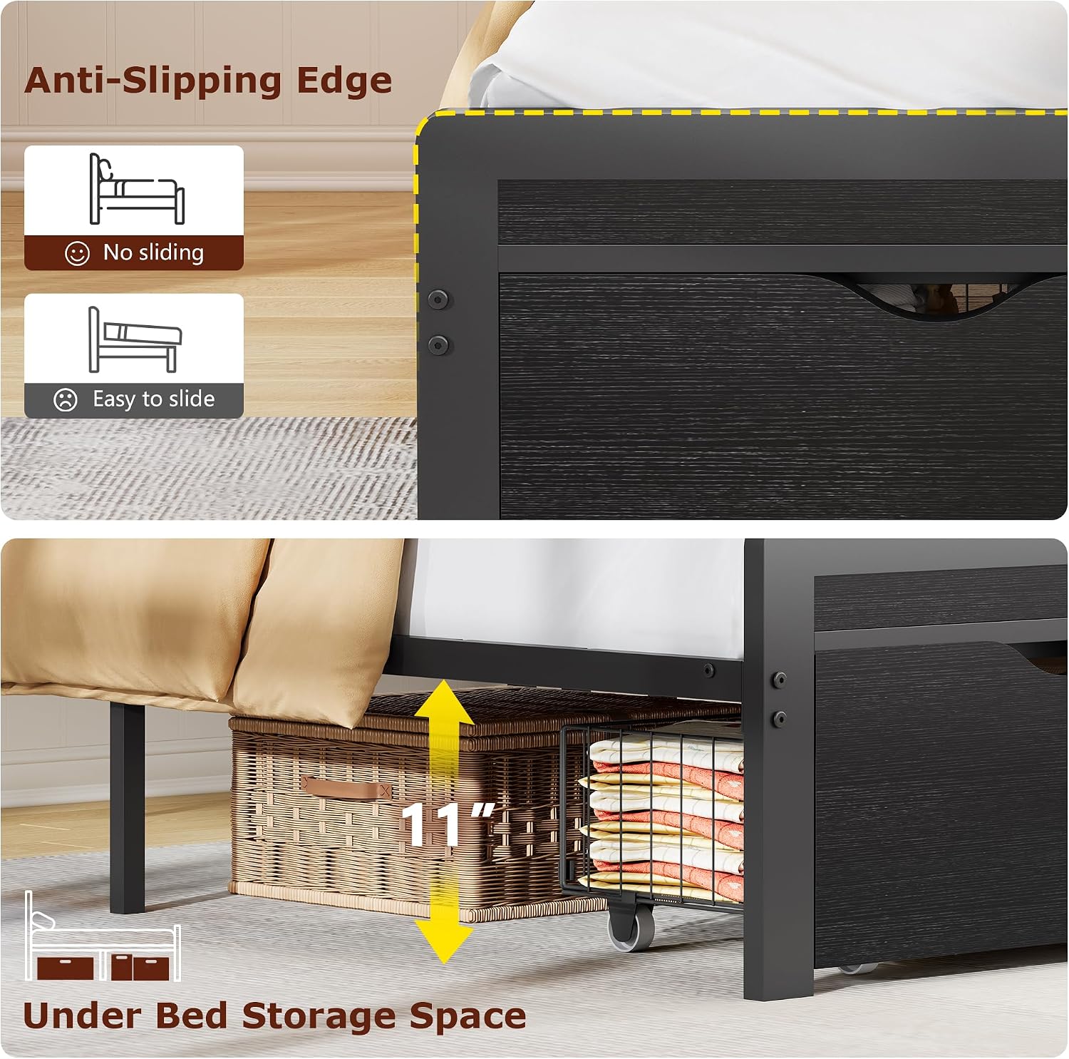 FAVOOSTY Queen Bed Frame with 2-Tier Headboard, Metal Platform with 2 Storage Drawers, LED Lights and Charging Station, Noise Free, No Box Spring Needed, Easy Assembly, Black
