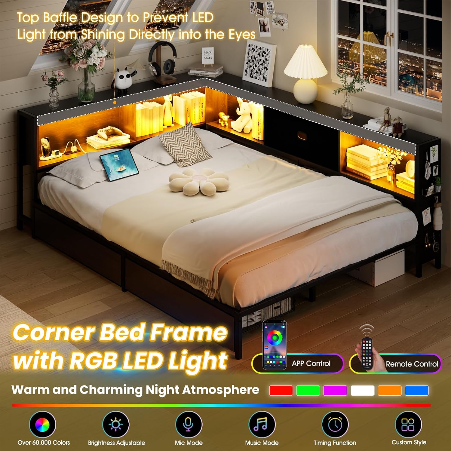 Corner Full Bed Frame with Storage Drawer & Bookcase Headboard, Full Size Metal Platform Bed Frame with Charging Station and LED Light, Full Daybed Multi-Storage for Kids Teens Guest, Black