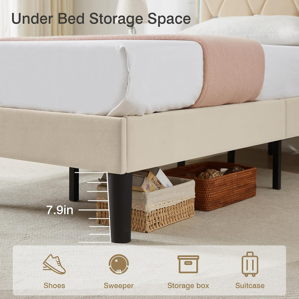 VECELO Upholstered Twin Bed Frame with Headboard Adjustable, Velvet Platform Bed with LED Lights, Charging Station, Mattress Foundation with Wooden Slats, Noise Free, No Box Spring Needed, Cream
