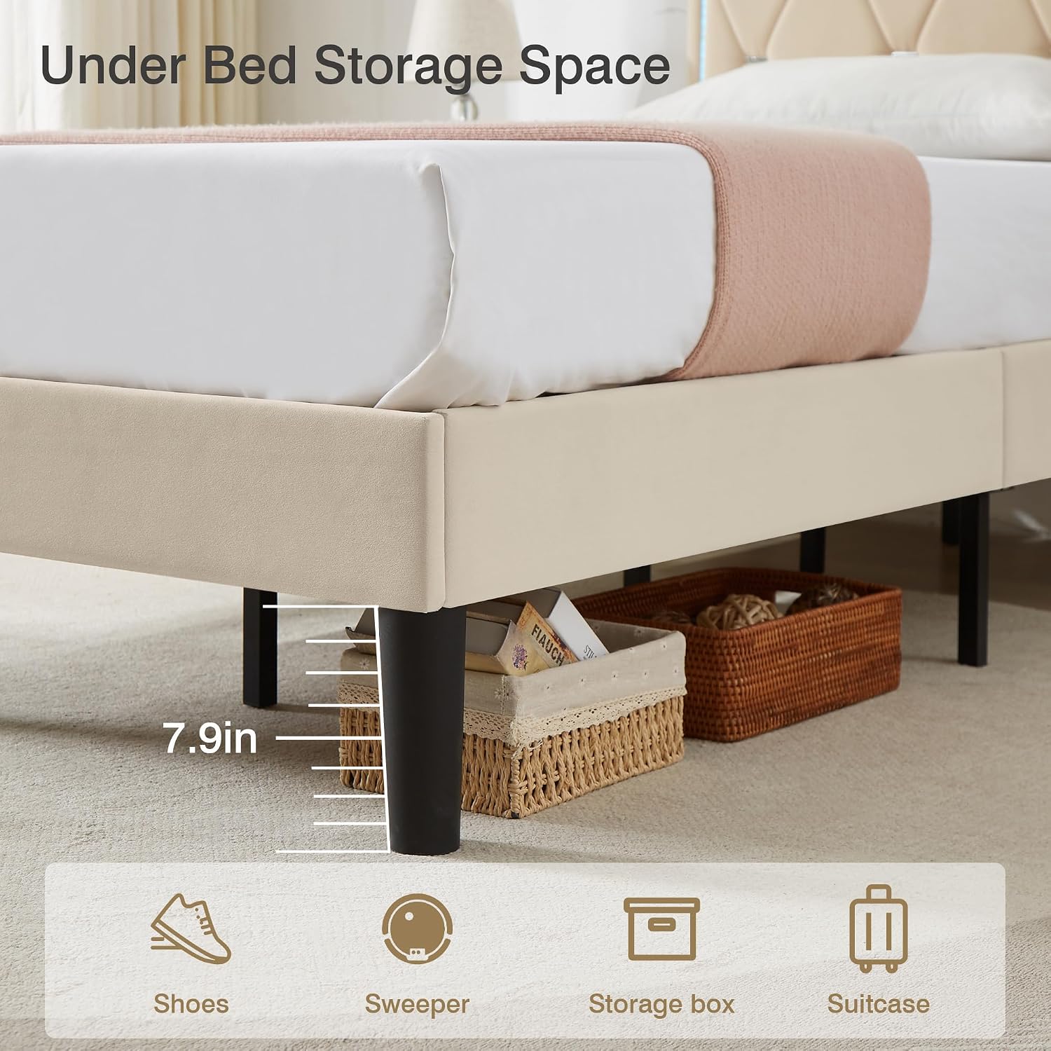 VECELO Upholstered Twin Bed Frame with Headboard Adjustable, Velvet Platform Bed with LED Lights, Charging Station, Mattress Foundation with Wooden Slats, Noise Free, No Box Spring Needed, Cream