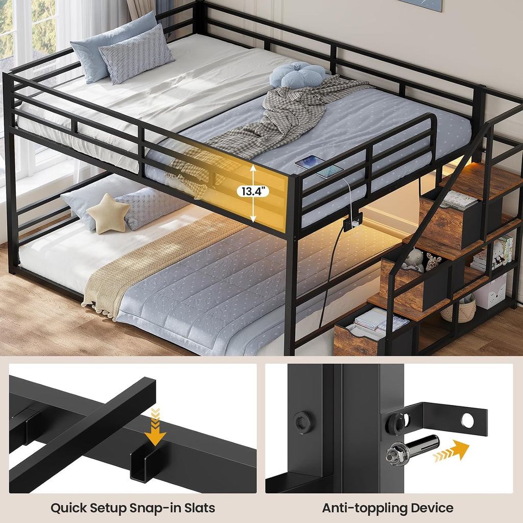ADORNEVE Low Bunk Bed Full Over Full with Stairs, 3 Storage Drawers & Power Outlet, Full Size Metal Floor Bunk with RGB Lights & Shelves, Space-Saving Kids Bed, Black & Brown