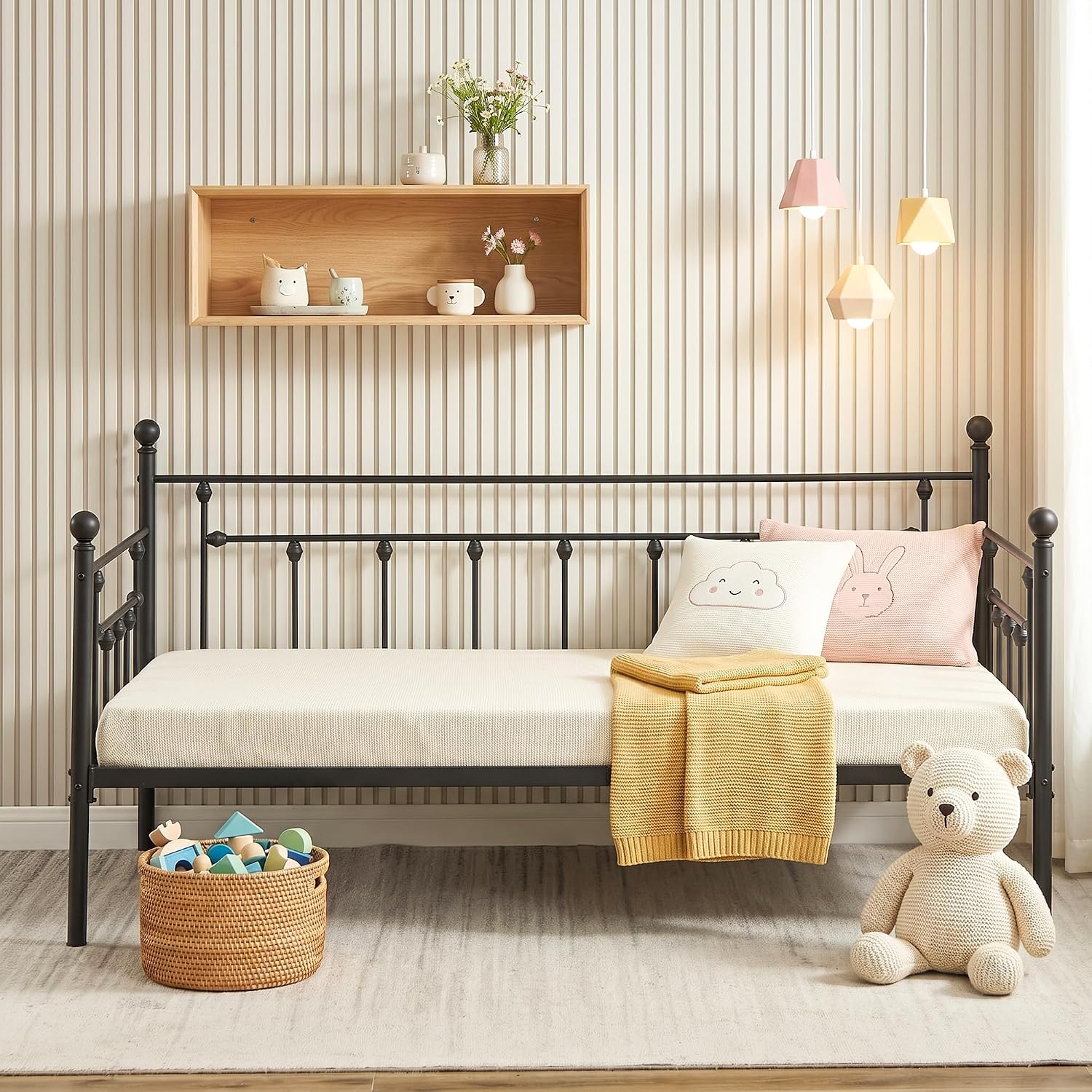 VECELO Daybed Frame, Twin Size Metal Platform Bed with Headboard,Heavy Duty Steel Slats Support for Living Room Bedroom Guest Room, Easy Assembly