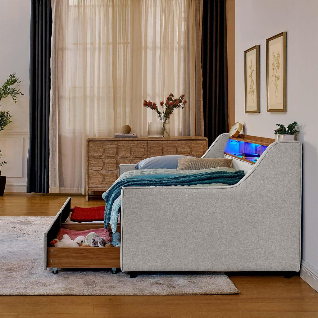 Antetek Twin Daybed with Storage Drawers & Wireless Charger, Upholstered Linen Daybed Frame with USB/Type C/LED Headboard, Modern Sofa Day Bed for Living Room, No Box Spring Needed, Beige