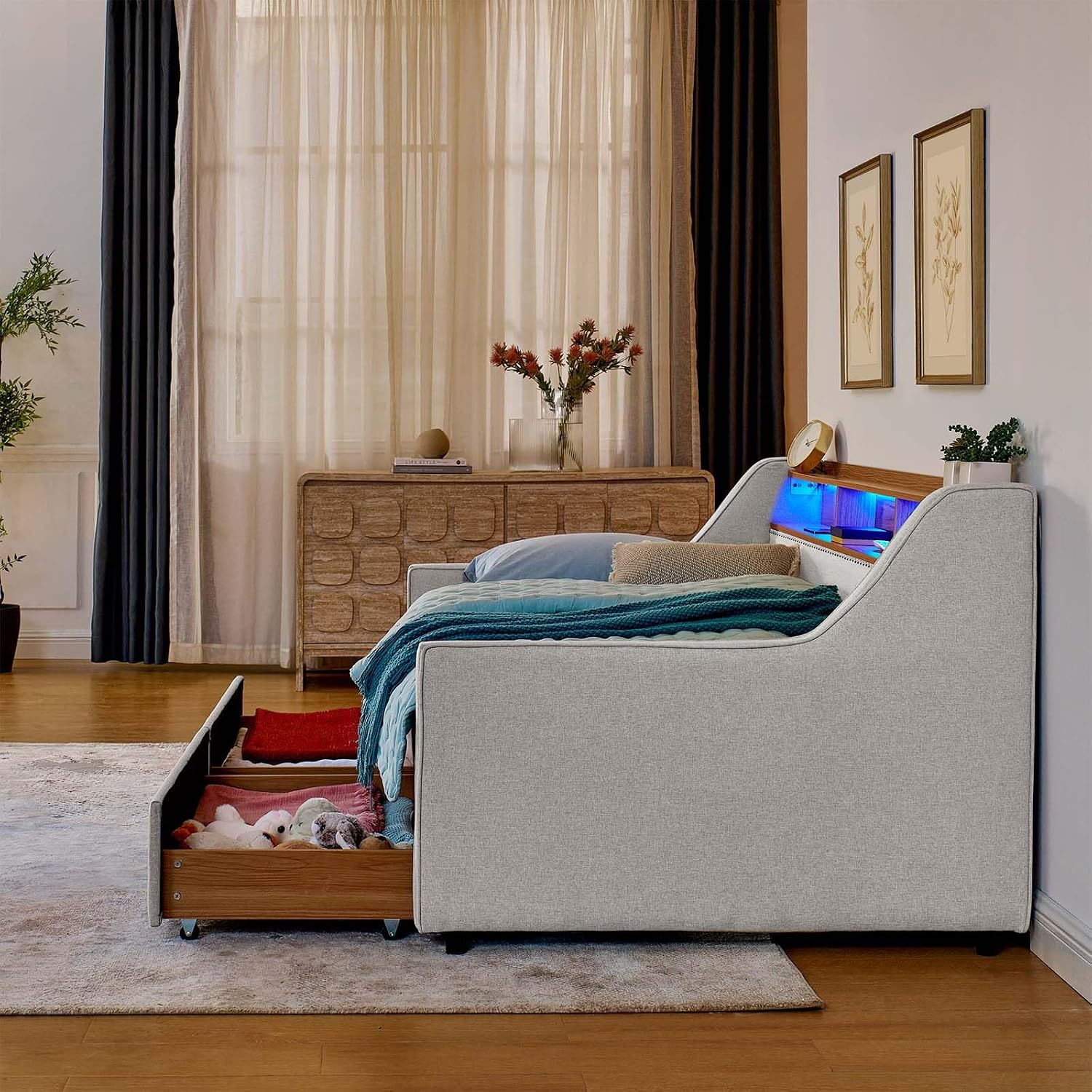 Antetek Twin Daybed with Storage Drawers & Wireless Charger, Upholstered Linen Daybed Frame with USB/Type C/LED Headboard, Modern Sofa Day Bed for Living Room, No Box Spring Needed, Beige
