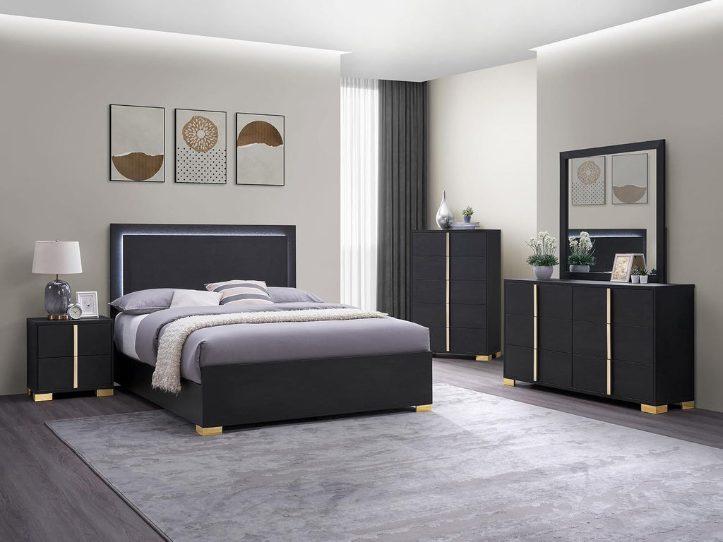 Coaster Home Furnishings Marceline Contemporary 5-Piece Bedroom Set Queen Size LED Panel Bed Frame 51-inch Headboard Black 222831Q-S5