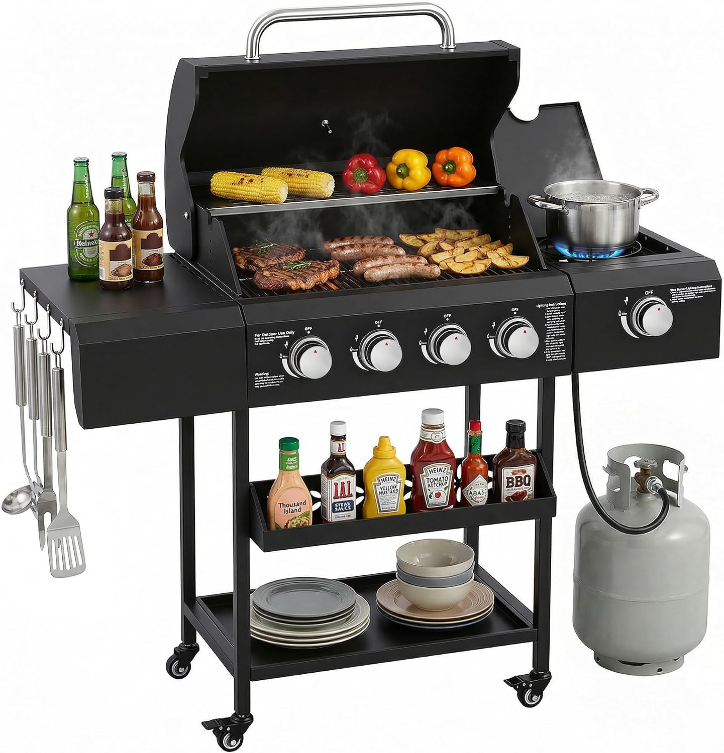 4-Burner Propane Gas BBQ Grill with Side Burner, 50000 BTU Outdoor Grill with Stainless Steel Grates, Side Tables & Spice Rack, Rolling with Wheels for Backyard, Patio & Outdoor Cooking