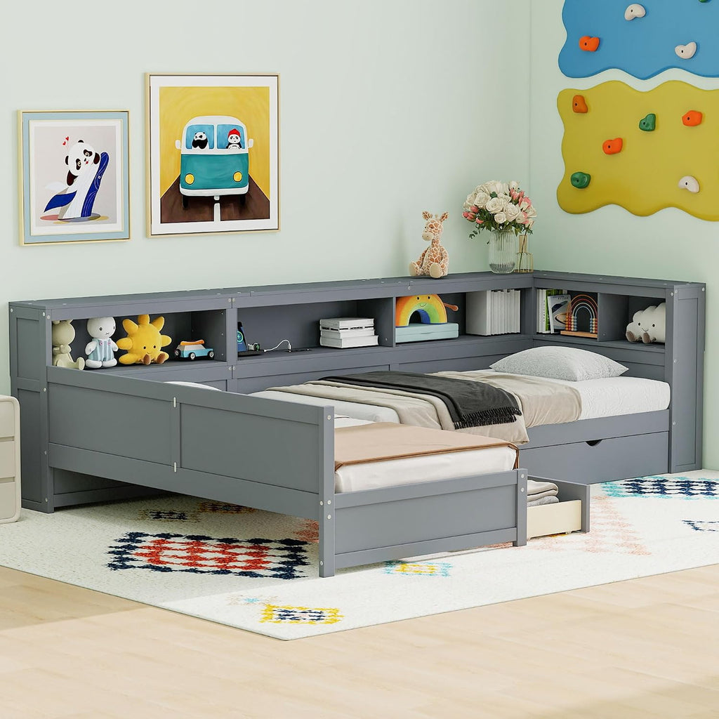 Ball & Cast Twin Size L-Shaped Platform Bed with Trundle and a Drawer,Wood Daybed Frame w/Charging Station & Slat Support,Space-Saving Bedroom Furniture for Dorm,Apartment,Grey