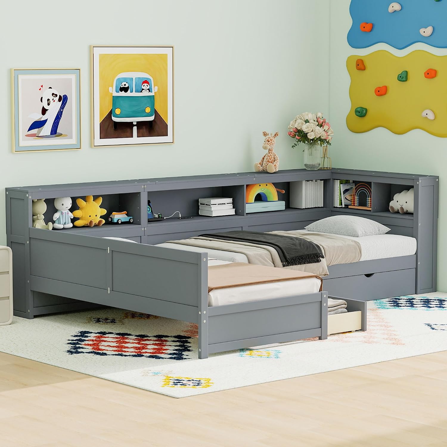 Ball & Cast Twin Size L-Shaped Platform Bed with Trundle and a Drawer,Wood Daybed Frame w/Charging Station & Slat Support,Space-Saving Bedroom Furniture for Dorm,Apartment,Grey
