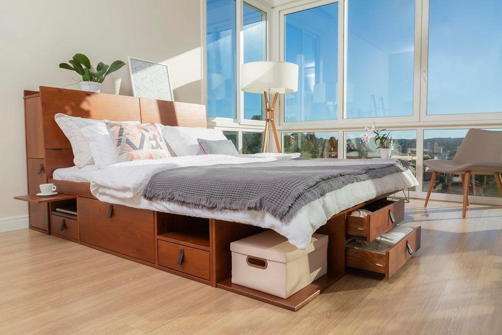 memomad Bali Set: Storage Platform Bed with Drawers + Bookcase Headboard (Queen Size, Caramel Brown Wood)