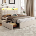OURPIC Full Size Bed Frame with 4 Storage Drawers & Headboard, Upholstered Platform Bed Frame Full Size with Charging Station & LED Lights, No Box Spring Needed, Metal Slats Support, Noise Free, Beige