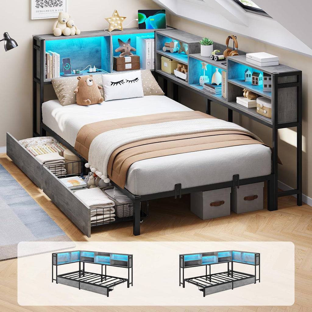 DICTAC Corner Bed Frame with Bookcase Storage and Led Lights Twin XL Metal Platform Beds with 2 Drawers and Charging Station Twin XL Daybed with Storage for Living Room,Bedroom & Guest Room,Oak Gray