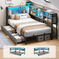 DICTAC Corner Bed Frame with Bookcase Storage and Led Lights Twin XL Metal Platform Beds with 2 Drawers and Charging Station Twin XL Daybed with Storage for Living Room,Bedroom & Guest Room,Oak Gray