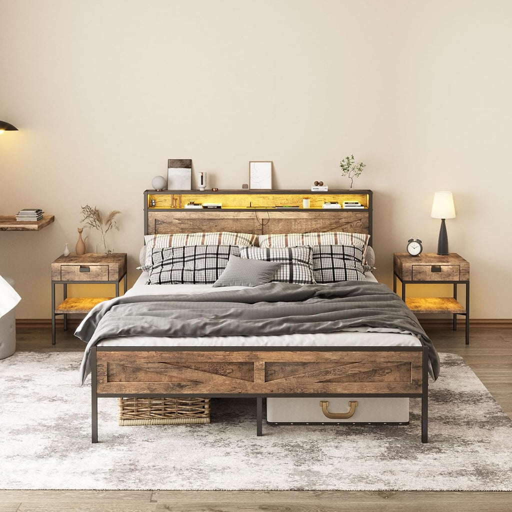 Halitaa LED Queen Size Bed Frame with Charging Station, Platform Metal Bed with Headboard Storage & USB Ports Outlets, Farmhouse Bed Frame with Lights for Bedroom, Noise Free, Brown (Queen)