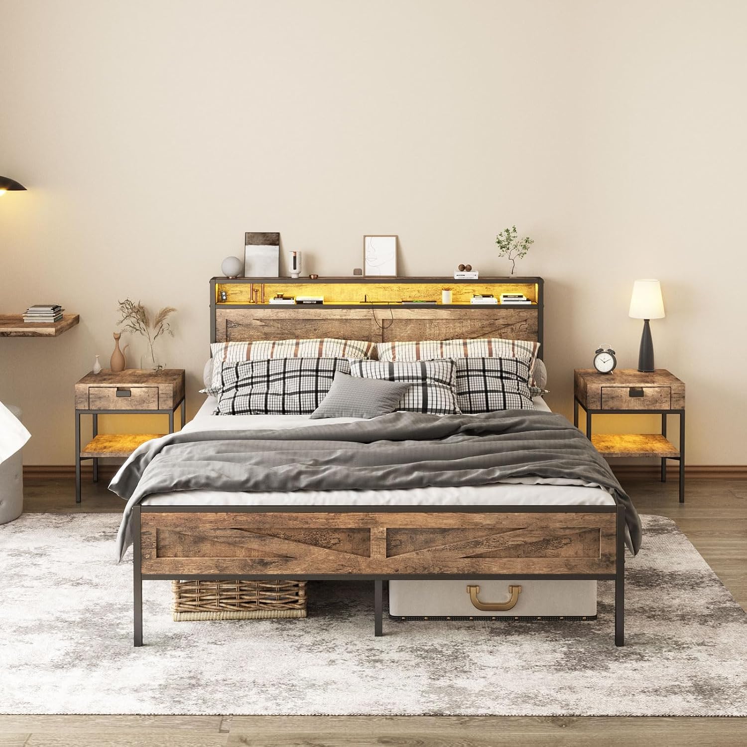 Halitaa LED Queen Size Bed Frame with Charging Station, Platform Metal Bed with Headboard Storage & USB Ports Outlets, Farmhouse Bed Frame with Lights for Bedroom, Noise Free, Brown (Queen)