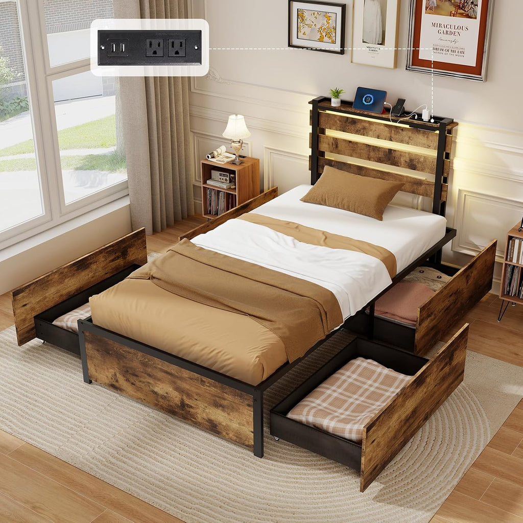 Giantex Twin Bed Frames for Kids, Twin Bed Frame with LED Lights Headboard and 4 Storage Drawers, Metal Platform Bed with Charging Station, Easy Assembly, No Box Spring Needed, Smart LED Bed Frame