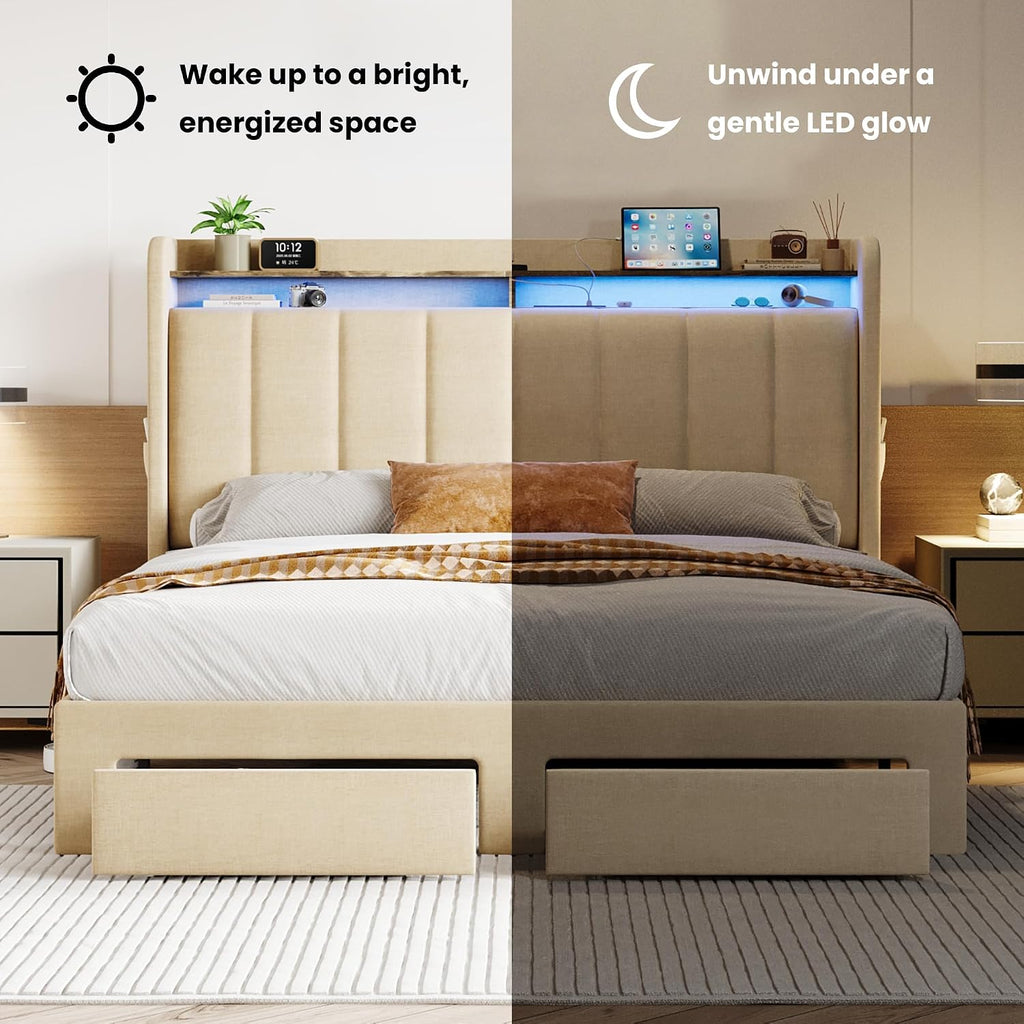 SHA CERLIN Full Size Platform Bed Frame with Vertical Channel Tufted Wingback Headboard & 2 Storage Drawers/2-Tier Shelves with LED Lights & Charging Station/Noise-Free/No Box Spring Needed/Beige