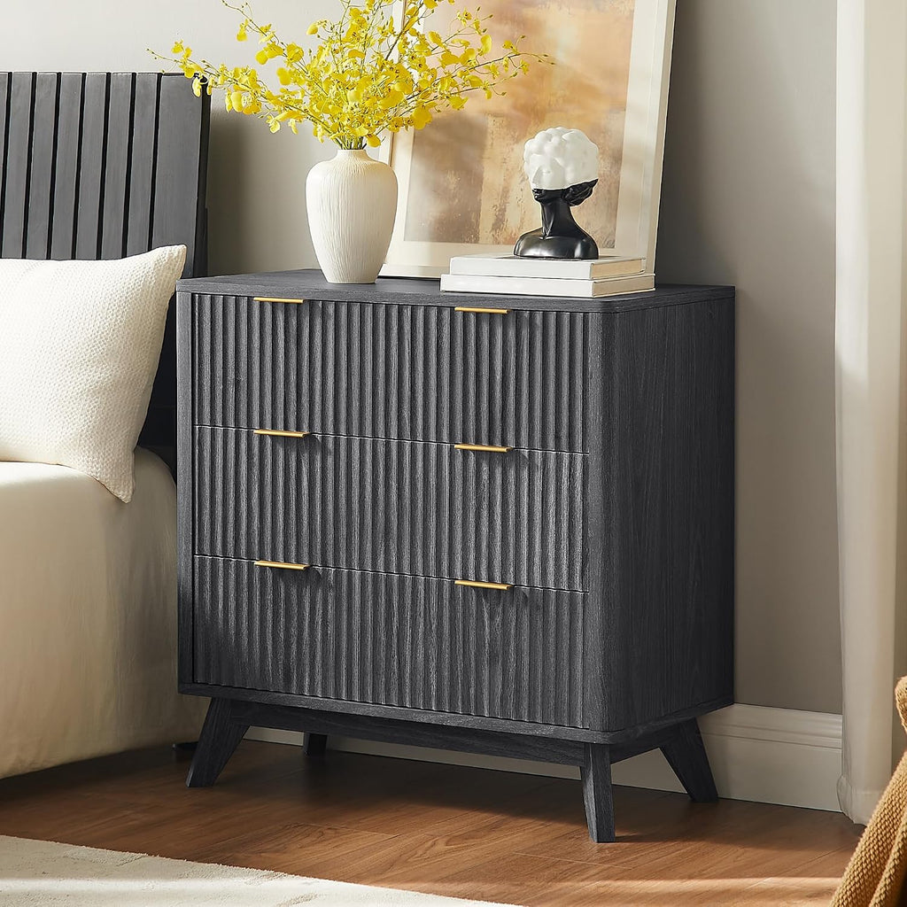 T4TREAM Fluted 3 Drawers Nightstand, Oversized Extra Large Modern Side Table, End Table Bedside for Bedroom, Living Room, Curved Profile Design, Dark Alder
