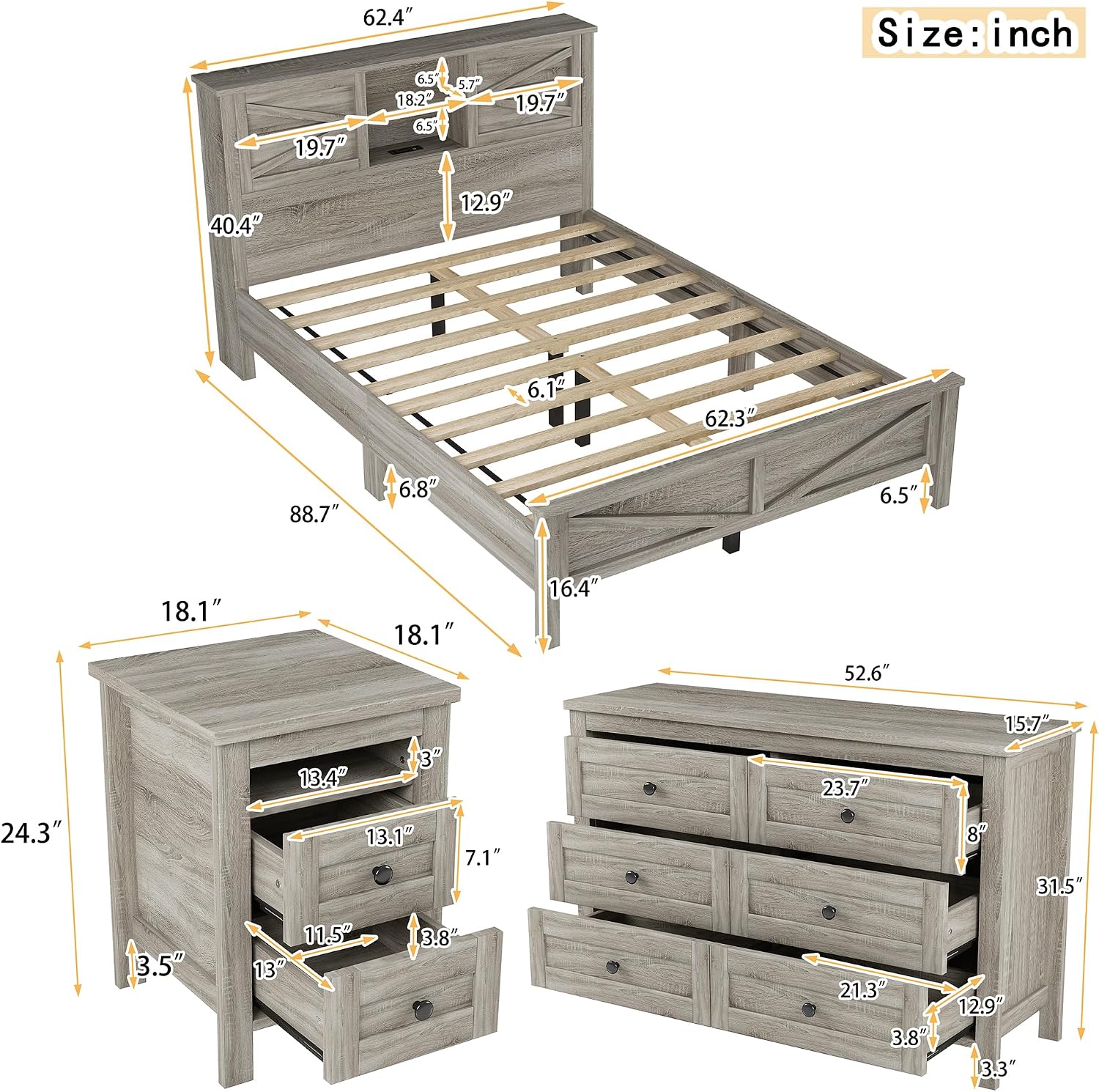 Ball & Cast 3-Piece Queen Size Farmhouse Bedroom Set, Platform Bed with Sliding Door Storage Headboard & Charging Station, Storage Nightstand and Dresser, Wooden Bedroom Furniture Set, Antique Gray