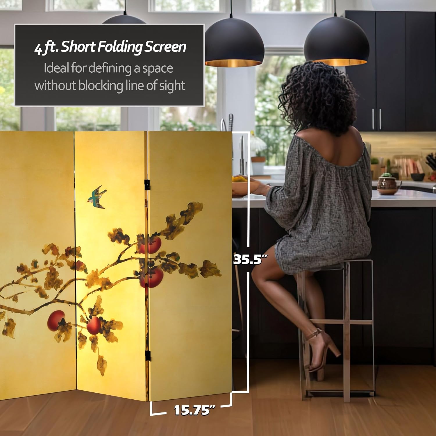 Red Lantern 4 ft. Short Double Sided Plum Tree Canvas Folding Screen 6 Panel Freestanding Partition and Separator for Modern and Contemporary Bedroom, Home Office, Studio, Dorm, Apartment