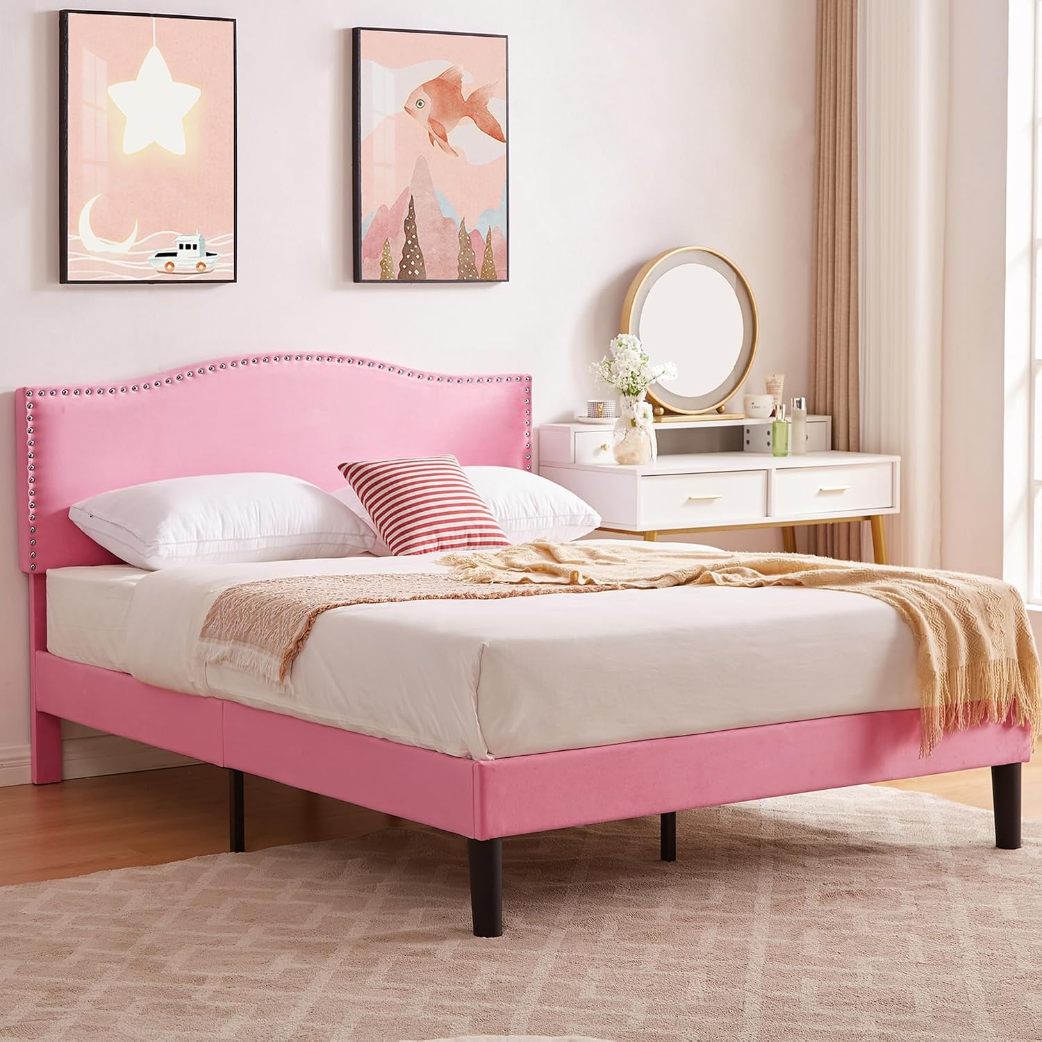 VECELO Queen Bed Frame, Platform Bed Frame with Adjustable Height Upholstered Headboard, Heavy-Duty Frames and Strong Wooden Slats Support, Non-Slip and Noise-Free, Easy Assembly, Pink