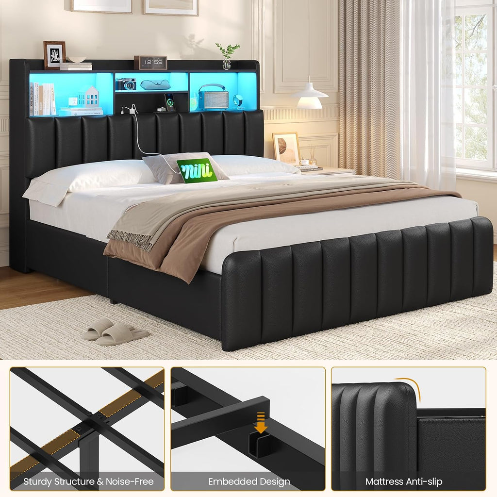 DICTAC Full Size Bed Frame with Bookcase Headboard, Upholstered Bed with Storage and 4 Oversized Drawers, LED Lights and Charging Station, Strong Metal Slats, No Box Spring Needed, Noise Free, Black