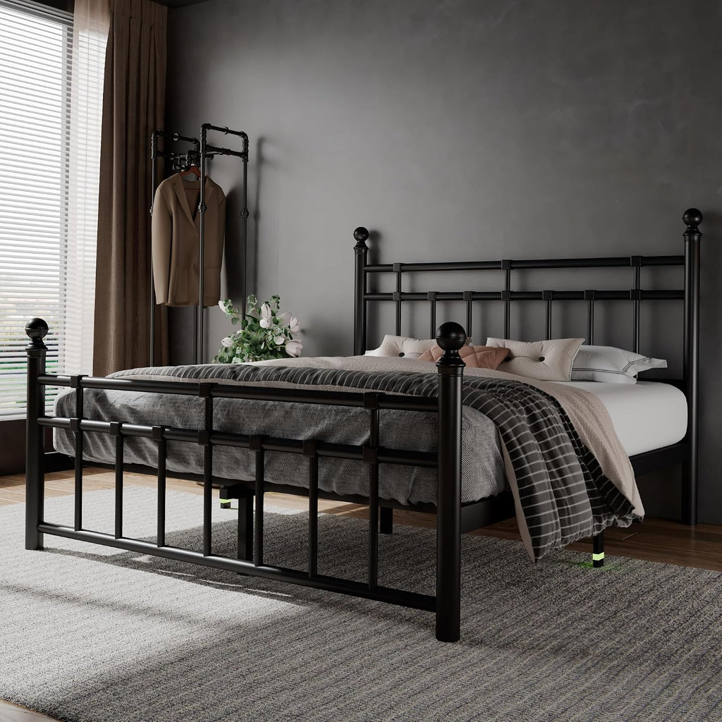 Feonase Full Size Metal Platform Bed Frame with Victorian Classic Iron-Art Headboard & Footboard, Heavy Duty Slats, 12' Under Bed Storage, No Box Spring Needed, Easy Assembly, Noise-Free, Black