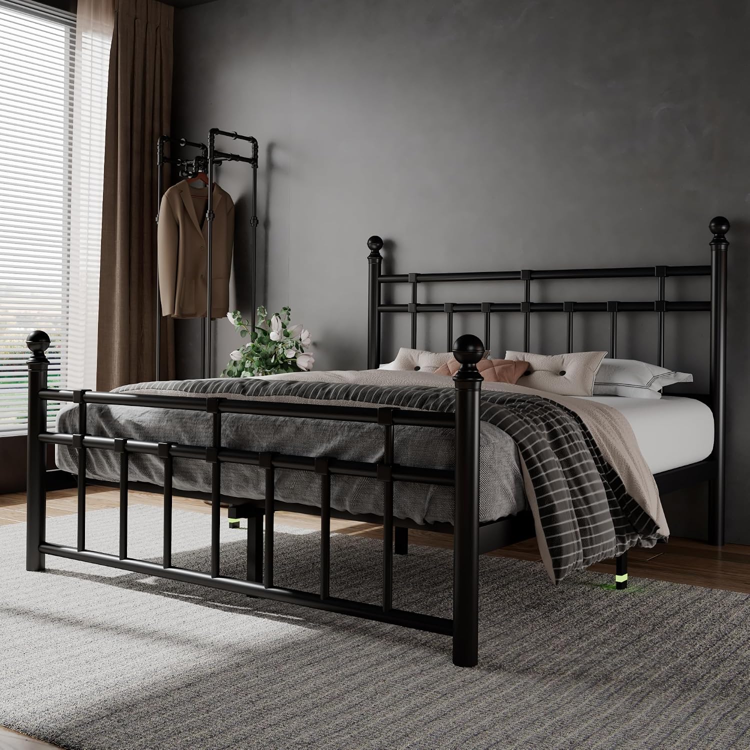 Feonase Full Size Metal Platform Bed Frame with Victorian Classic Iron-Art Headboard & Footboard, Heavy Duty Slats, 12' Under Bed Storage, No Box Spring Needed, Easy Assembly, Noise-Free, Black
