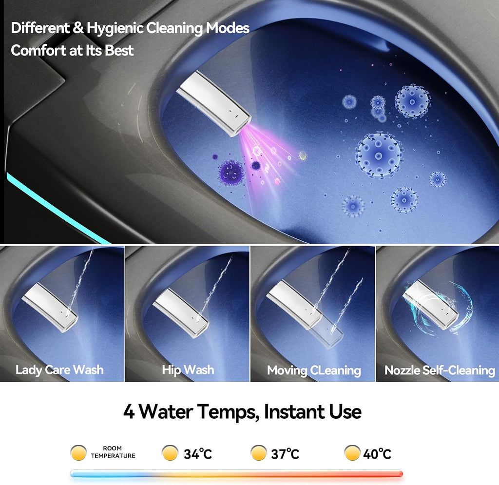 Smart Toilet, Electric Tankless Toilet with Bidet Built in & Dryer, Auto Open/Close, Instant Warm Water, Elongated Heated Seat, Auto Flush (Matte Black, Oval Egg Shaped)