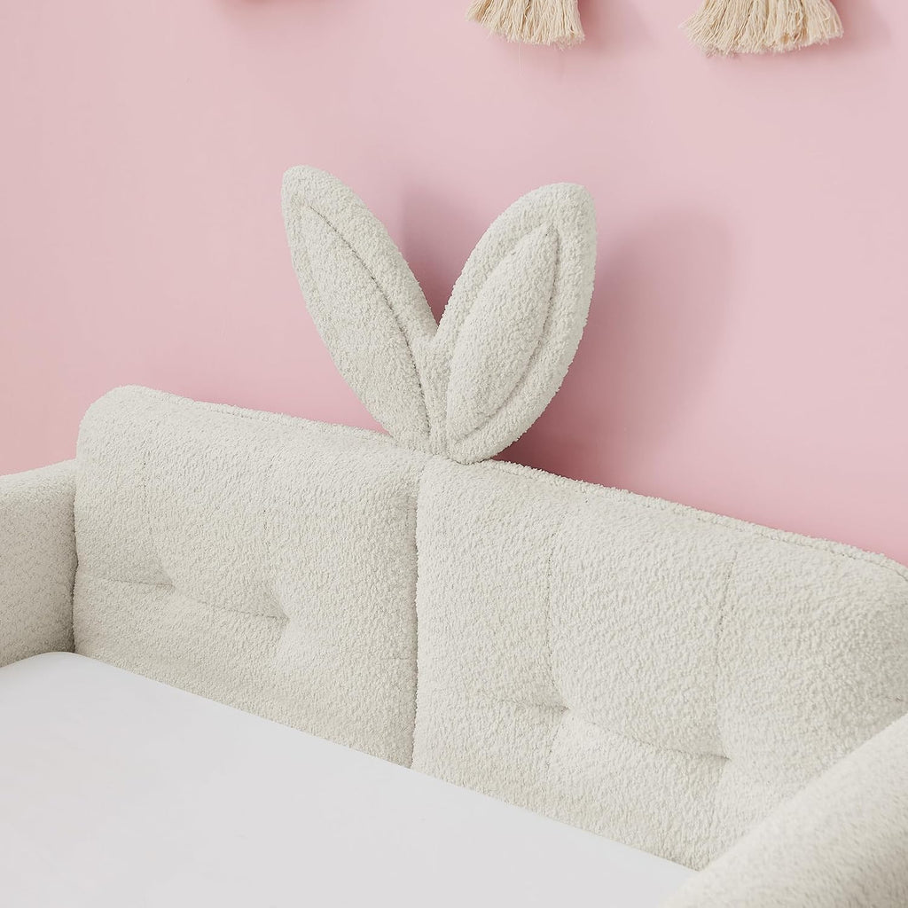 VilroCaz Twin Size Upholstered Platform Bed with Safety Guardrail and Cute Rabbit Ear Shaped Headboard, Boucle Fabric Montessori Kids Bed with Pocket and Sturdy Slats Support (Beige-7.24)