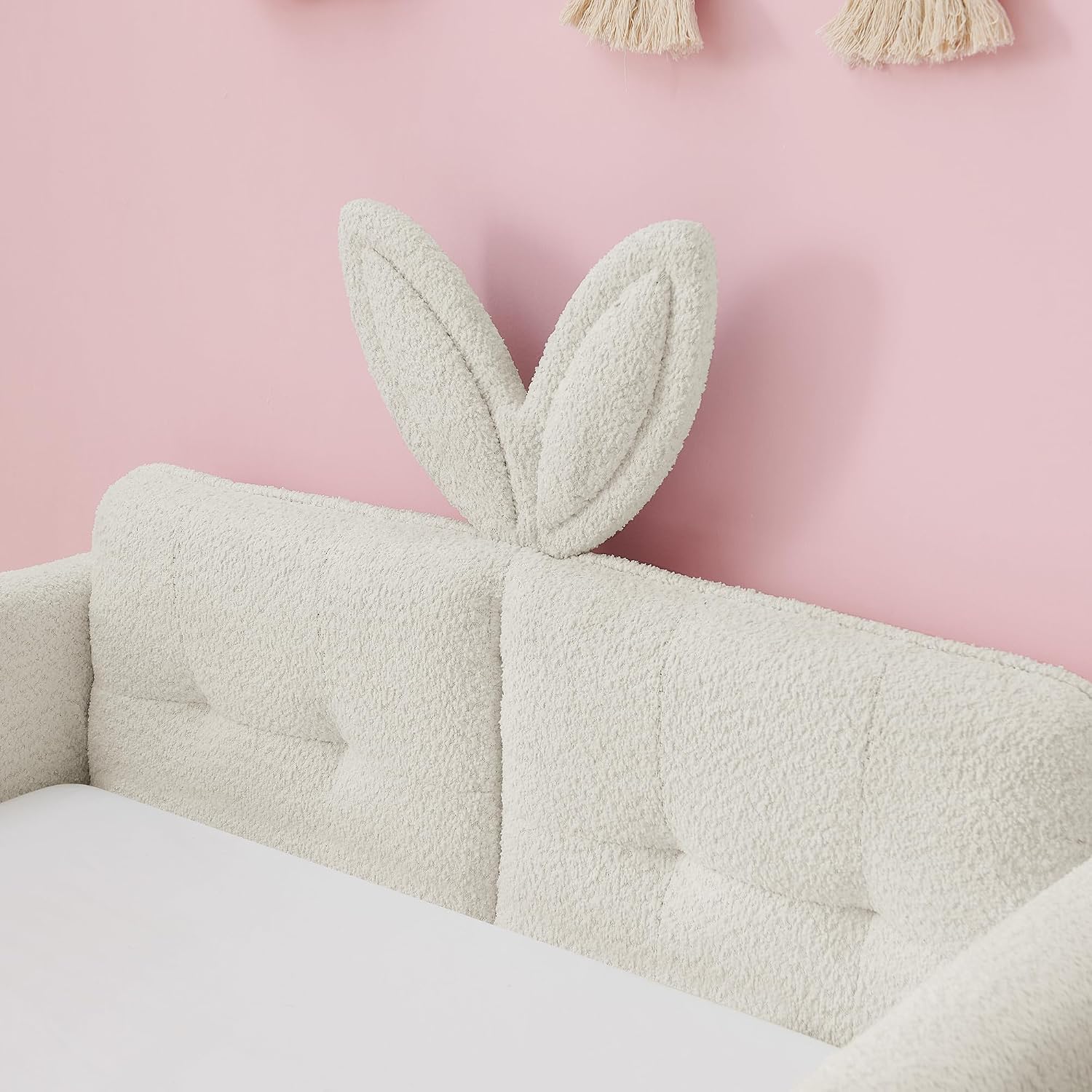 VilroCaz Twin Size Upholstered Platform Bed with Safety Guardrail and Cute Rabbit Ear Shaped Headboard, Boucle Fabric Montessori Kids Bed with Pocket and Sturdy Slats Support (Beige-7.24)