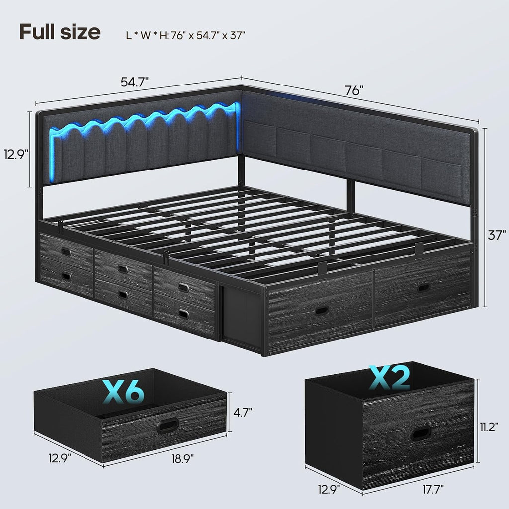 ADORNEVE Full Corner Bed Frame with 8 Drawers, 6 Storage Pockets, Full Daybed with Storage and RGB Wave Lights, Platform Bed with L-Shaped Upholstered Guardrail for Kids Teen,Grey