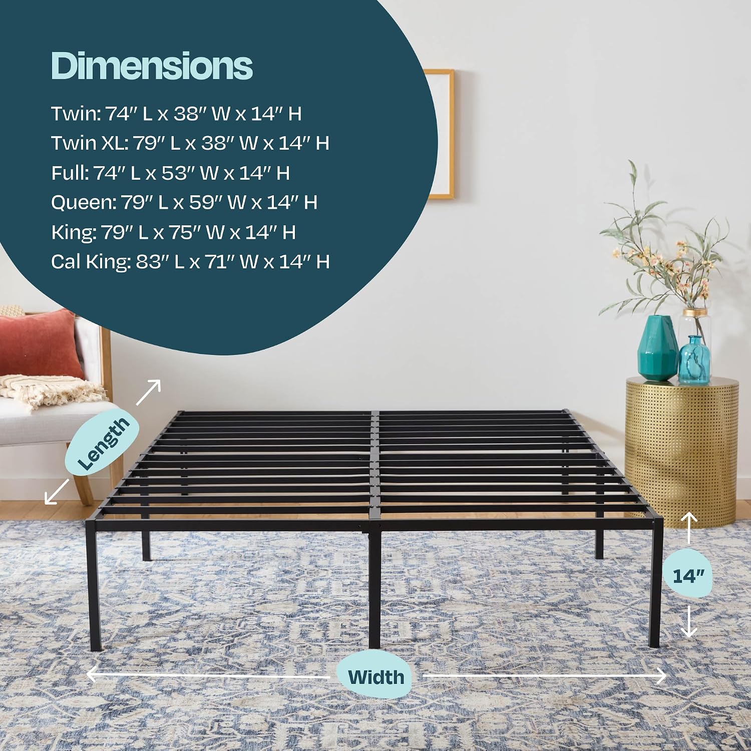 Linenspa Heavy Duty Metal Platform Bed Frame - No Box Spring Needed - Underbed Storage - Simple Toolless Assembly - 14' High - Sturdy - Steel Slats - Sleek Modern Design - King Size